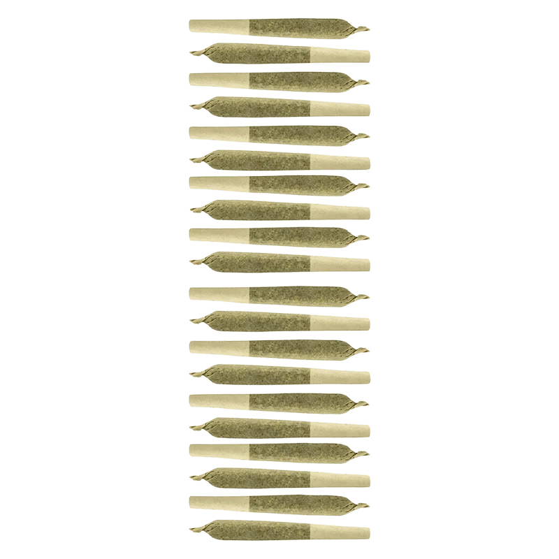 Top-down view of a vertical stack of uniformly rolled joints for Key Lime Pie PR 20 x 0.35 g against a pale green background.