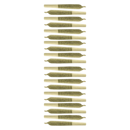 Top-down view of a vertical stack of uniformly rolled joints for Key Lime Pie PR 20 x 0.35 g against a pale green background.