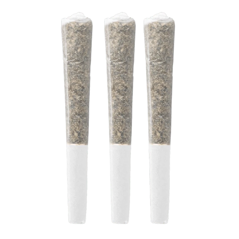 Three upright pre-rolled joints shown front-facing on a white background, labeled Gas Pack (Notorious, Rockstar, Deathbubba) PR 3 x 0.5 g.