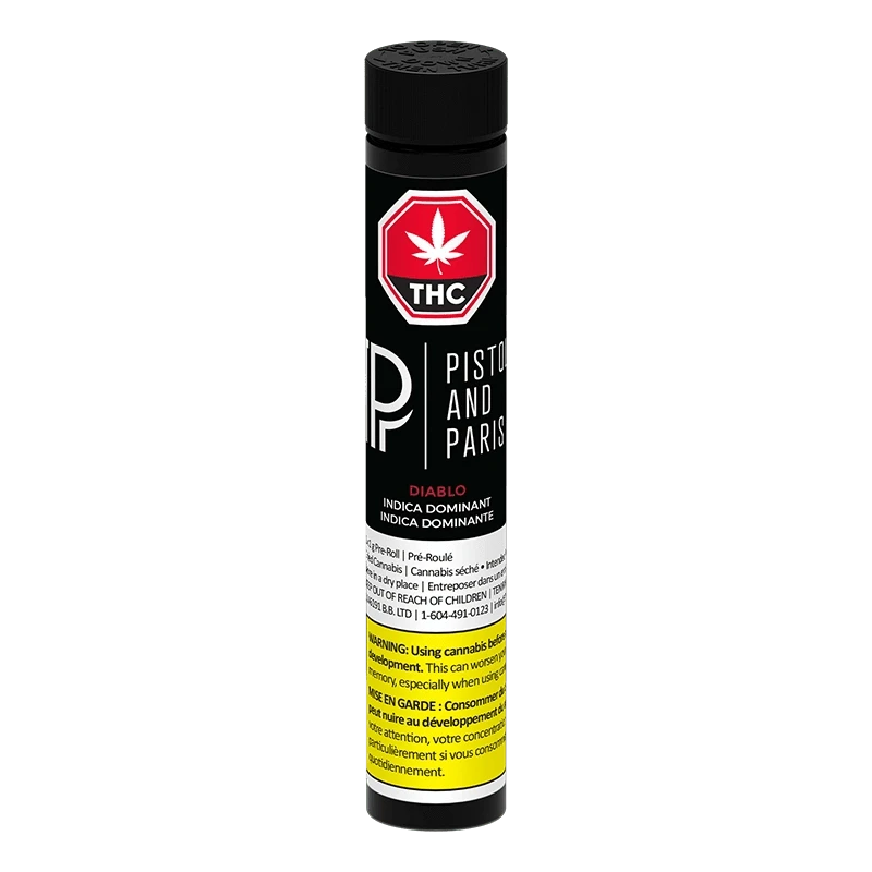 Vertical studio shot of the black Diablo PR 1 x 1 g tube with white and red Pistol and Paris branding and a yellow warning panel.
