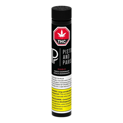 Vertical studio shot of the black Diablo PR 1 x 1 g tube with white and red Pistol and Paris branding and a yellow warning panel.