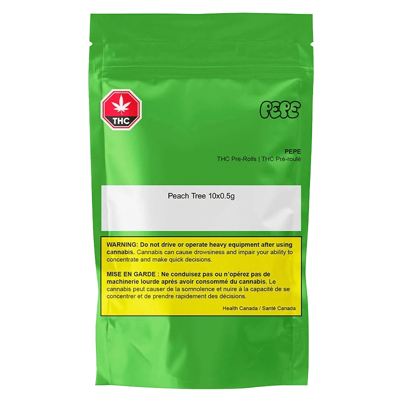 Front-facing shot of the bright green Peach Tree PR 10 x 0.5 g bag with white label and yellow warning box centered on the pouch