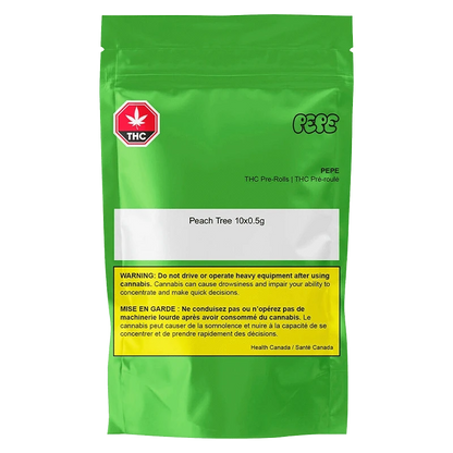 Front-facing shot of the bright green Peach Tree PR 10 x 0.5 g bag with white label and yellow warning box centered on the pouch