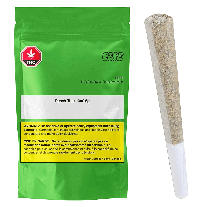 Green flat-lay photo of a sealed green pouch and a single cone pre-roll, labeled "Peach Tree PR 10 x 0.5 g" on the pouch.