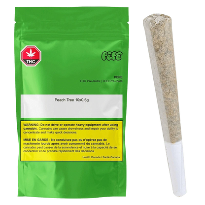 Green flat-lay photo of a sealed green pouch and a single cone pre-roll, labeled "Peach Tree PR 10 x 0.5 g" on the pouch.