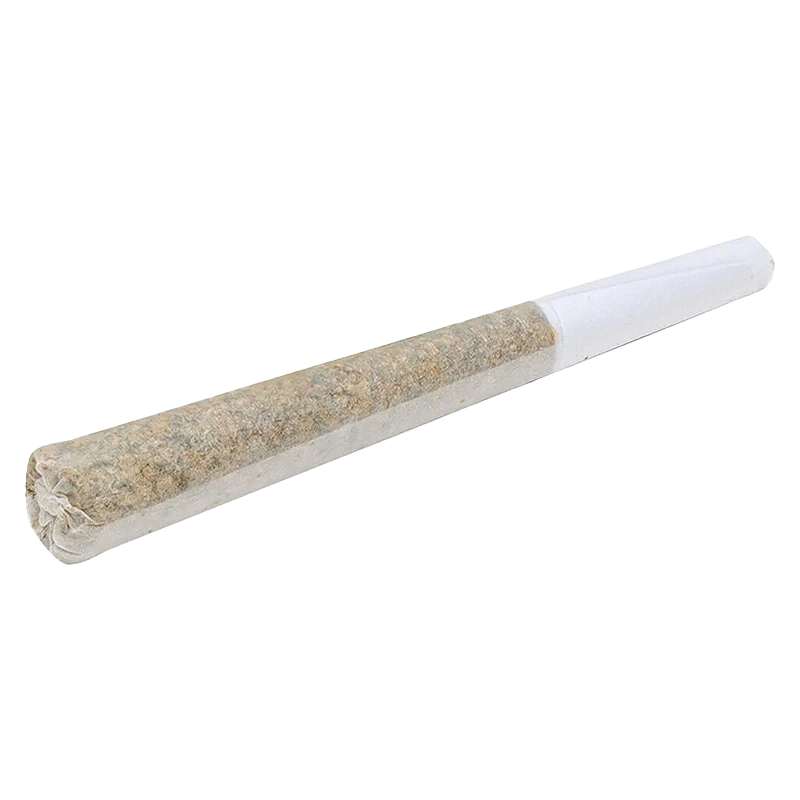 Angled close-up of a rolled joint against a white background labeled Peach Tree PR 10 x 0.5 g showing the paper twist at the tip and white filter end