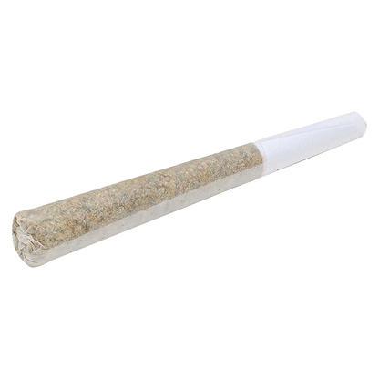 Angled close-up of a rolled joint against a white background labeled Peach Tree PR 10 x 0.5 g showing the paper twist at the tip and white filter end
