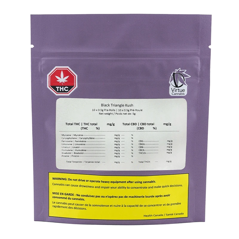 Front view of a purple pouch labeled Black Triangle Kush PR 10 x 0.5 g with a white info panel and yellow warning box.