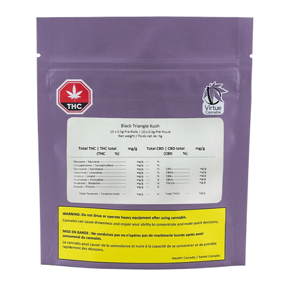 Front view of a purple pouch labeled Black Triangle Kush PR 10 x 0.5 g with a white info panel and yellow warning box.