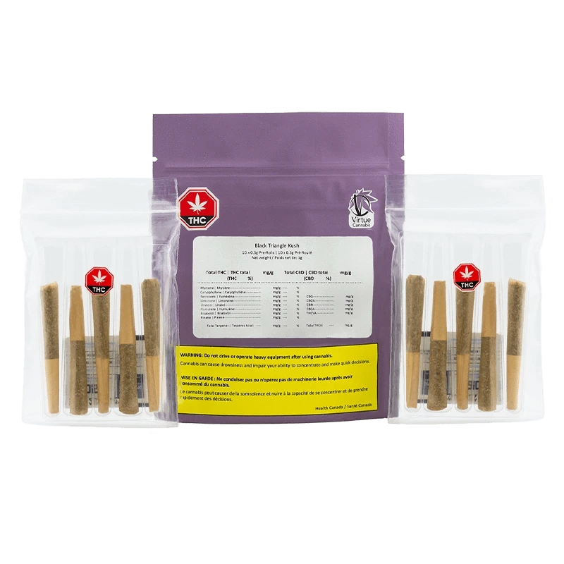 Center-front view of the purple pouch and clear trays of Black Triangle Kush PR 10 x 0.5 g, showing labels, warnings, and rows of prerolled joints.