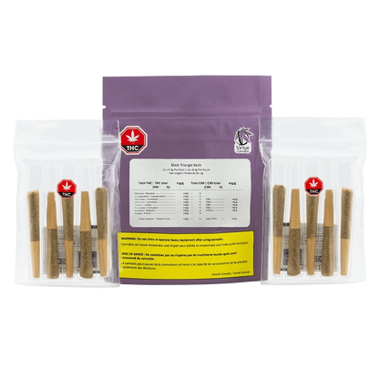 Center-front view of the purple pouch and clear trays of Black Triangle Kush PR 10 x 0.5 g, showing labels, warnings, and rows of prerolled joints.