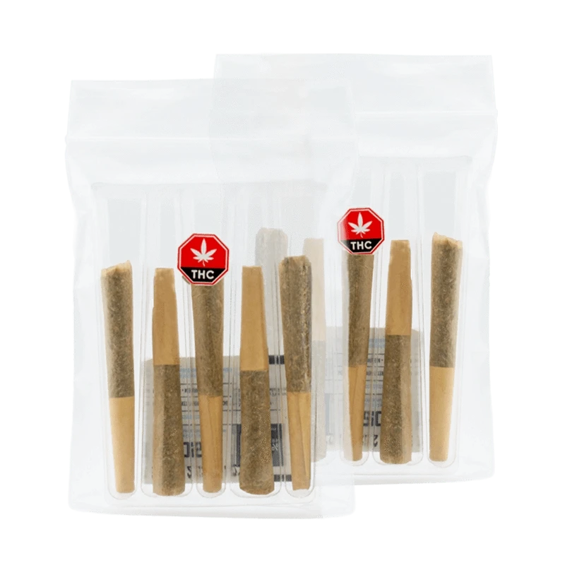 Front-facing shot of two clear resealable packs of Black Triangle Kush PR 10 x 0.5 g showing rows of pre-rolled joints and red THC warning labels.