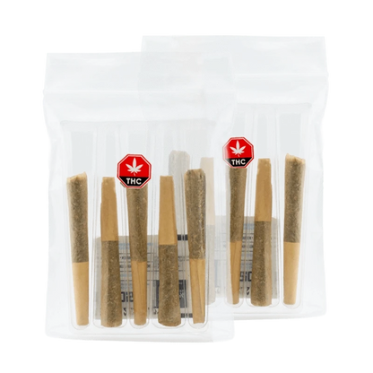 Front-facing shot of two clear resealable packs of Black Triangle Kush PR 10 x 0.5 g showing rows of pre-rolled joints and red THC warning labels.