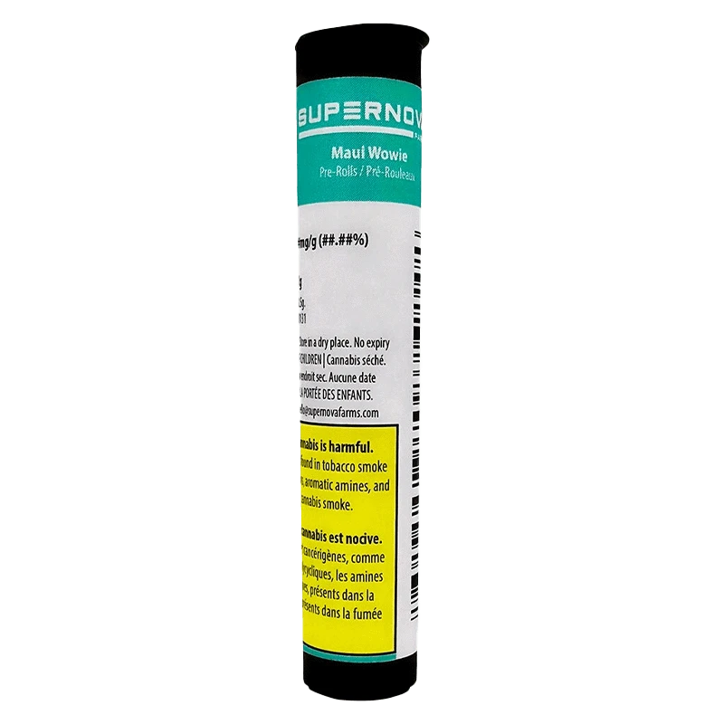 Tall front-facing tube labeled "Maui Wowie PR 7 x 0.5 g" with teal header, white body text and a yellow warning box on a plain background
