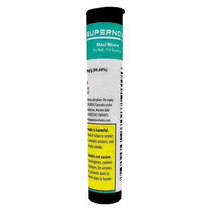 Tall front-facing tube labeled "Maui Wowie PR 7 x 0.5 g" with teal header, white body text and a yellow warning box on a plain background