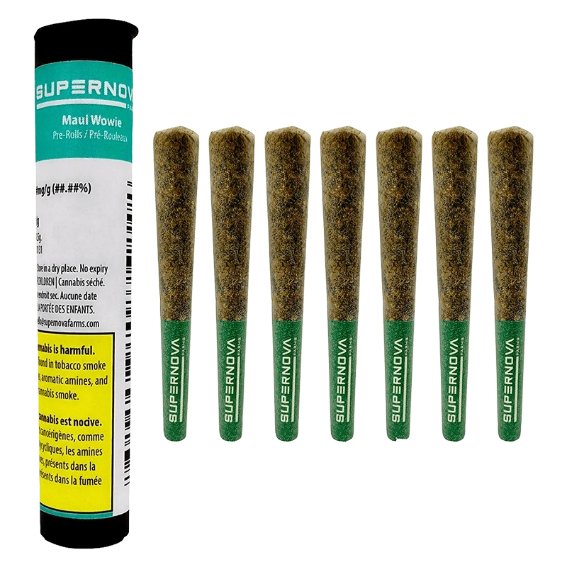 Row of seven pre-rolled joints with green "SUPERNOVA" tips next to a teal-and-white SUPERNOVA Maui Wowie PR 7 x 0.5 g tube on a white background