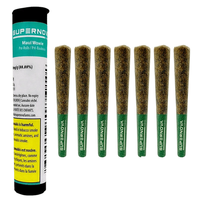 Row of seven pre-rolled joints with green "SUPERNOVA" tips next to a teal-and-white SUPERNOVA Maui Wowie PR 7 x 0.5 g tube on a white background