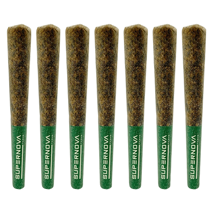 Row of seven upright Maui Wowie PR 7 x 0.5 g pre-rolls with green "SUPERNOVA" tips, evenly spaced on a neutral background.