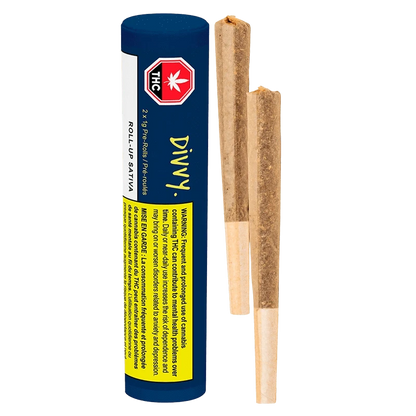 Vertical studio shot of a navy tube labeled "Divvy Roll Up Sativa PR 2 x 1 g" alongside two upright pre-rolled joints.
