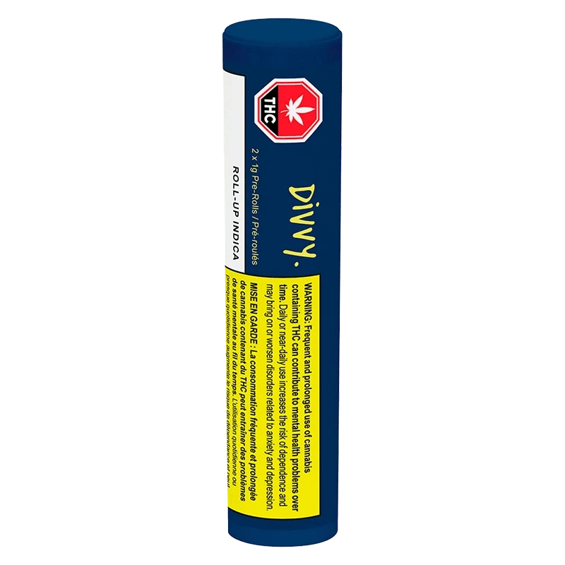 Tall, front-facing shot of the Roll Up Indica PR 2 x 1 g blue tube with yellow warning label and red THC symbol.