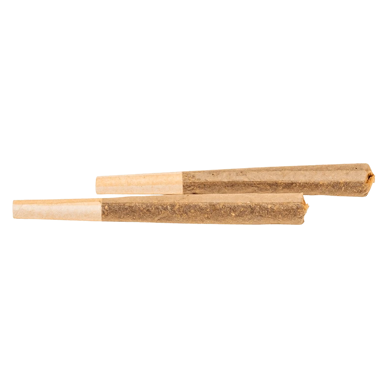 Top-down view of two slender Roll Up Indica PR 2 x 1 g pre-rolled cones lying parallel on a white background.