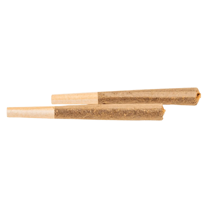 Top-down view of two slender Roll Up Indica PR 2 x 1 g pre-rolled cones lying parallel on a white background.
