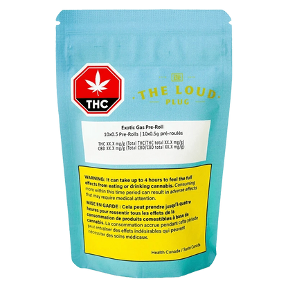 Rear view of a blue pouch labeled Exotic Gas PR 10 x 0.5 g with THC symbol and yellow warning panel centered on the bag