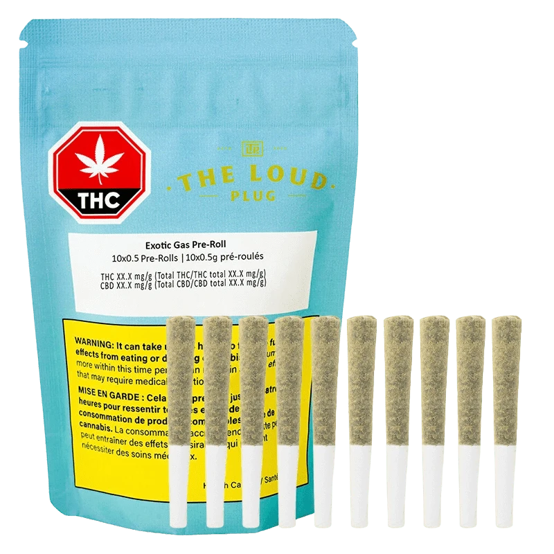 Front-facing shot of a teal pouch and ten upright pre-rolls labeled Exotic Gas PR 10 x 0.5 g, with a red THC symbol and yellow warning box.