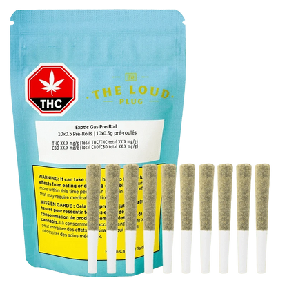 Front-facing shot of a teal pouch and ten upright pre-rolls labeled Exotic Gas PR 10 x 0.5 g, with a red THC symbol and yellow warning box.