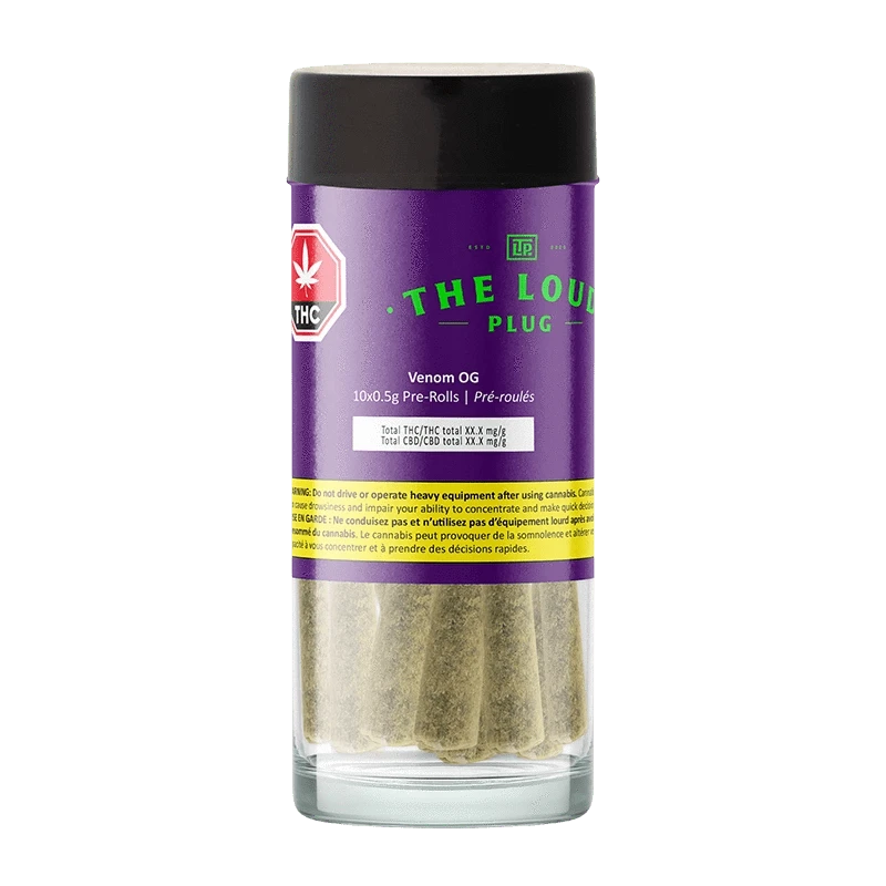 Front view of a clear jar showing five pre-rolls with a purple label reading Venom OG PR 10 x 0.5 g.