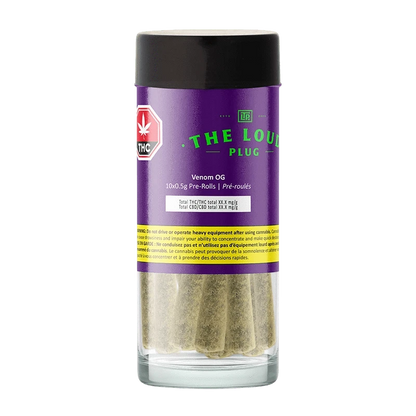 Front view of a clear jar showing five pre-rolls with a purple label reading Venom OG PR 10 x 0.5 g.