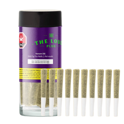 Front view of a clear glass jar with a purple label and black lid reading "Venom OG PR 10 x 0.5 g", shown beside ten pre-rolls standing upright.