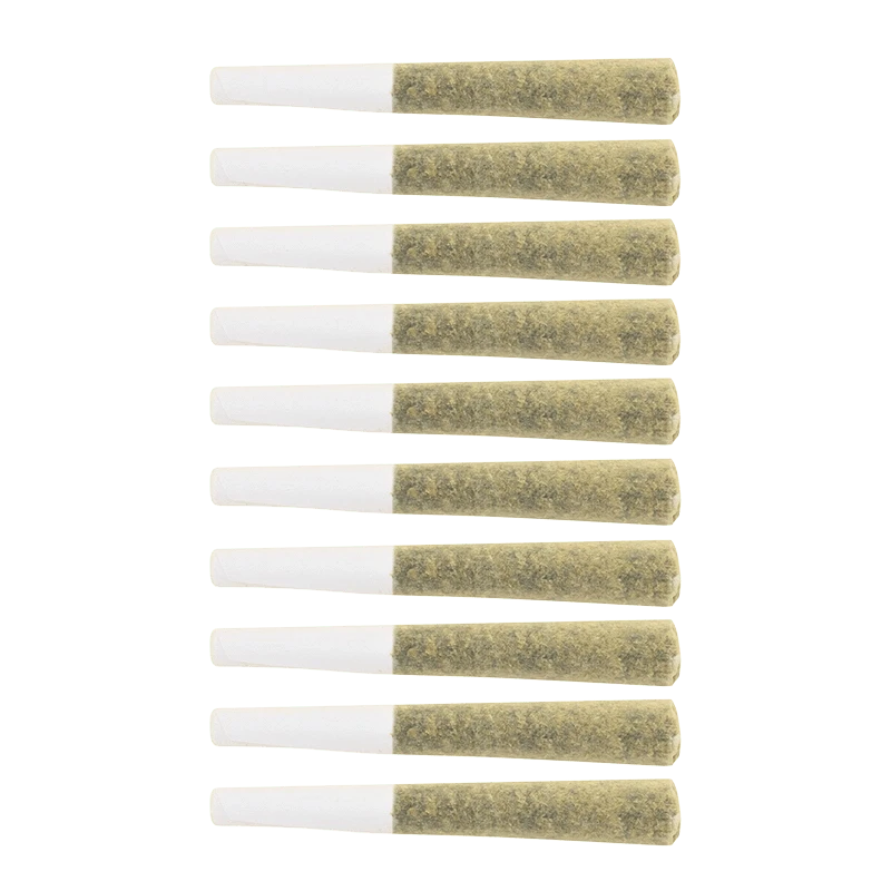 Top-down view of twelve uniformly rolled Venom OG PR 10 x 0.5 g pre-rolls arranged in three neat columns on a pale background.
