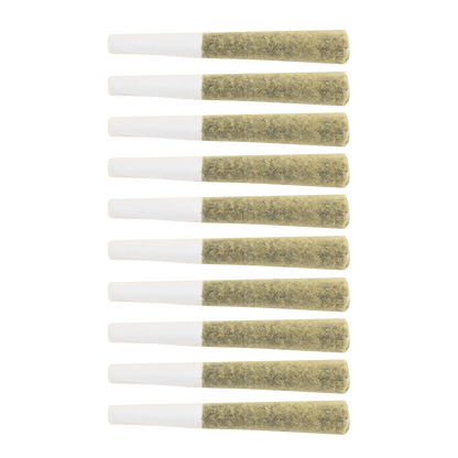 Top-down view of twelve uniformly rolled Venom OG PR 10 x 0.5 g pre-rolls arranged in three neat columns on a pale background.
