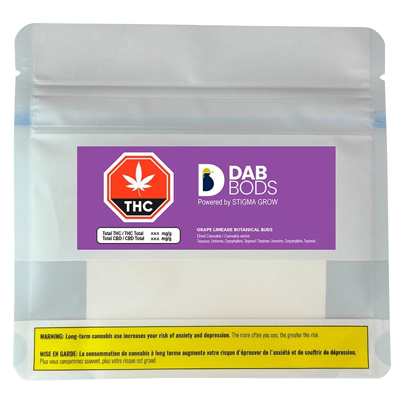 Front-facing shot of a silver pouch with a purple label reading "DAB BODS Grape Limeade Botanical Buds" and a THC warning icon.