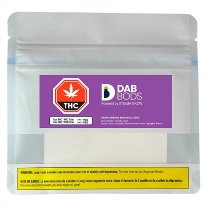 Front-facing shot of a silver pouch with a purple label reading "DAB BODS Grape Limeade Botanical Buds" and a THC warning icon.