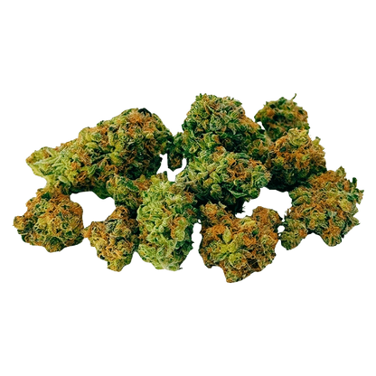 Close-up of green and orange Grape Limeade Botanical Buds nugs clustered together against a transparent background.