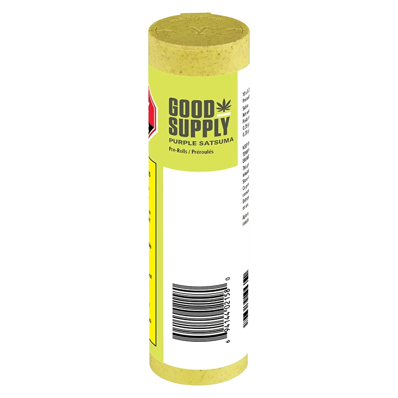 Tall front view of the cylindrical tube labeled Good Supply Purple Satsuma PR 10 x 0.35 g with a lime-green label and visible barcode.