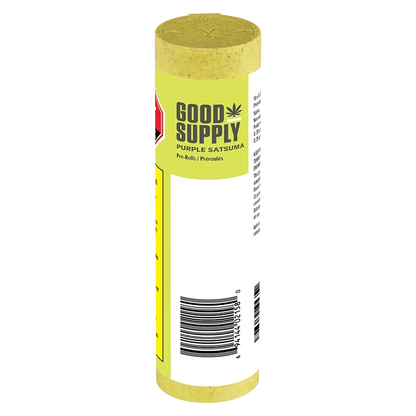 Tall front view of the cylindrical tube labeled Good Supply Purple Satsuma PR 10 x 0.35 g with a lime-green label and visible barcode.
