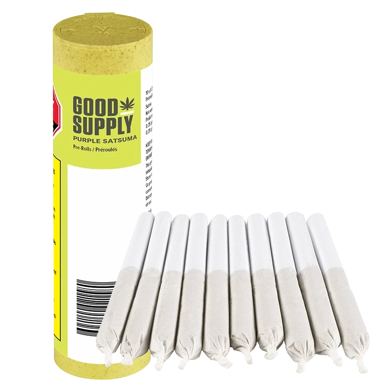 Angled front view of a yellow Good Supply Purple Satsuma PR 10 x 0.35 g tube standing beside a neat row of ten white pre-rolls on a plain background