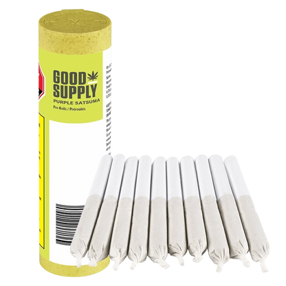 Angled front view of a yellow Good Supply Purple Satsuma PR 10 x 0.35 g tube standing beside a neat row of ten white pre-rolls on a plain background
