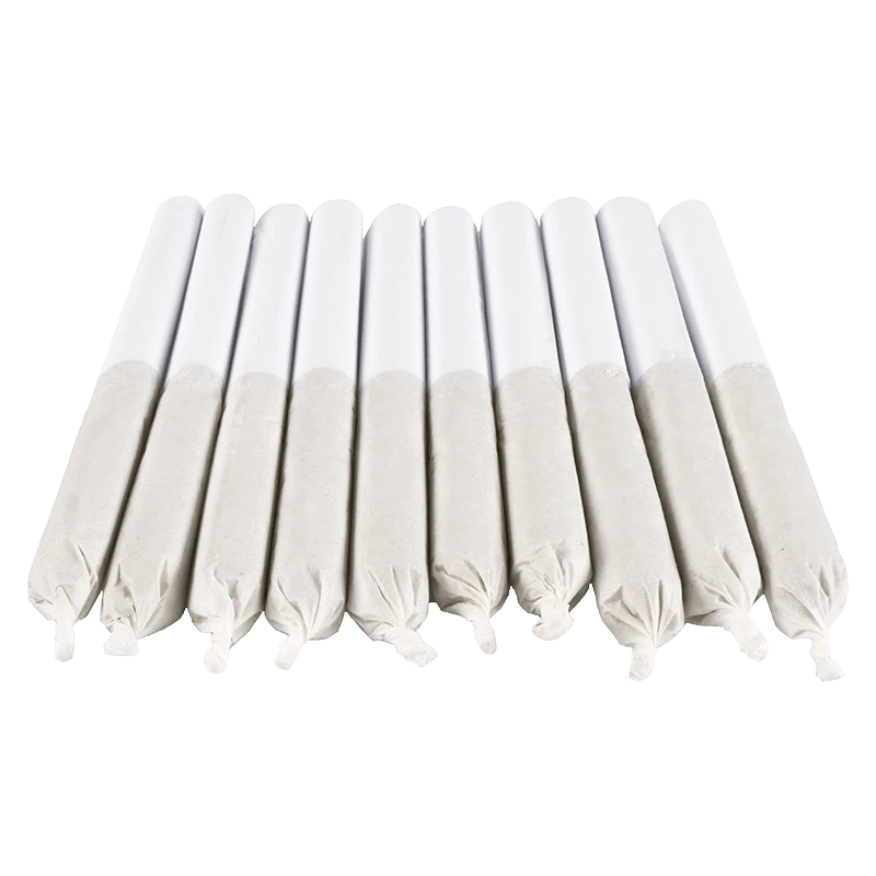 Row of eleven white-tipped hand-rolled sticks photographed from a low front angle, labeled Purple Satsuma PR 10 x 0.35 g.