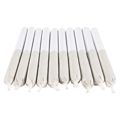 Row of eleven white-tipped hand-rolled sticks photographed from a low front angle, labeled Purple Satsuma PR 10 x 0.35 g.