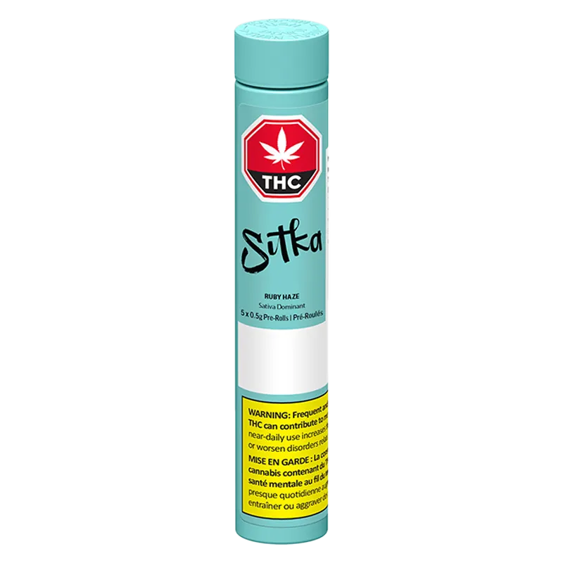 Tall front-facing turquoise tube labeled "Ruby Haze PR 5 x 0.5 g" with a red THC stop-sign logo and a yellow warning panel at the bottom.