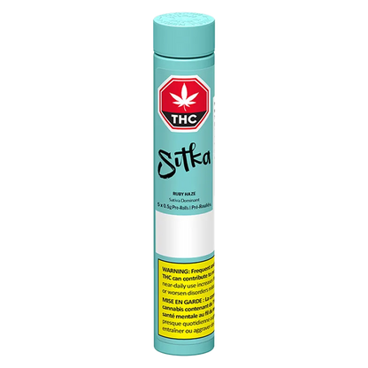 Tall front-facing turquoise tube labeled "Ruby Haze PR 5 x 0.5 g" with a red THC stop-sign logo and a yellow warning panel at the bottom.