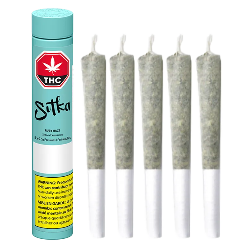 Tall front view of a turquoise tube next to five upright pre-rolls, labeled "Ruby Haze PR 5 x 0.5 g" on the tube.