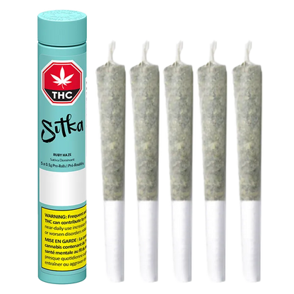 Tall front view of a turquoise tube next to five upright pre-rolls, labeled "Ruby Haze PR 5 x 0.5 g" on the tube.