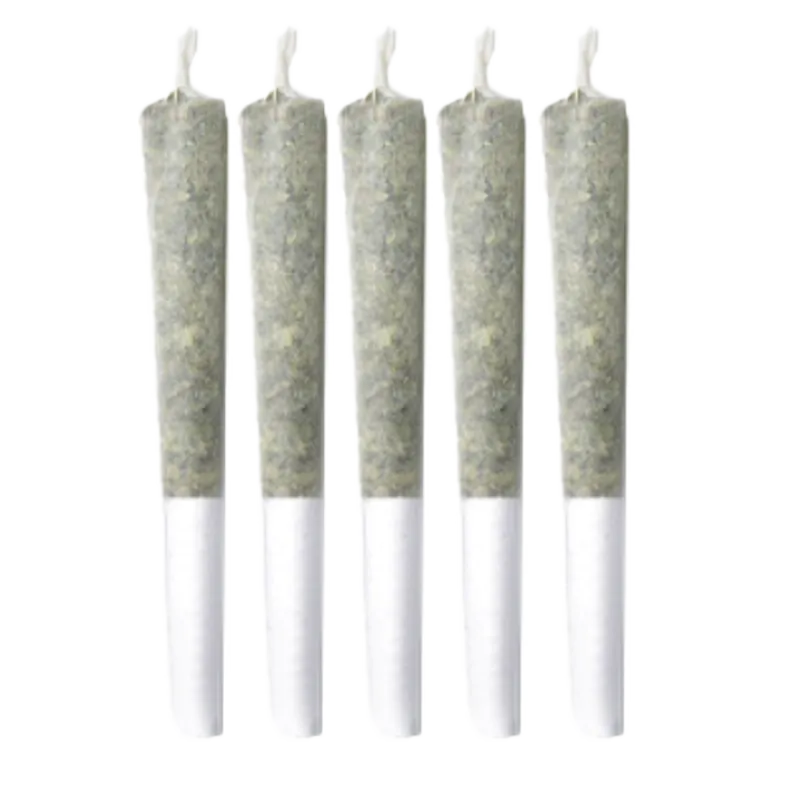 Row of five upright pre-rolled joints against a white background, labeled Ruby Haze PR 5 x 0.5 g.