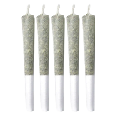 Row of five upright pre-rolled joints against a white background, labeled Ruby Haze PR 5 x 0.5 g.