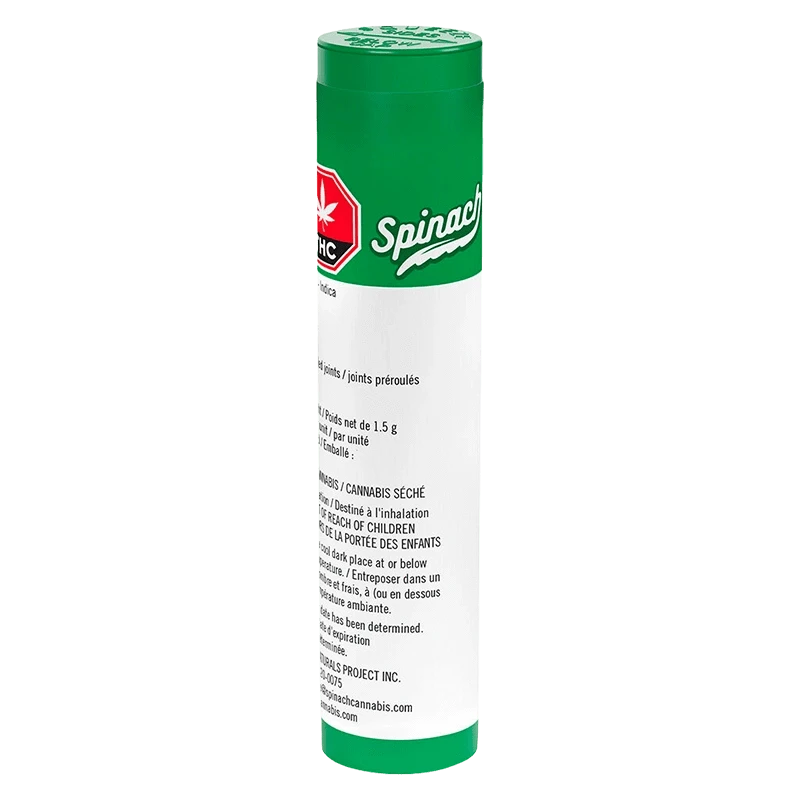 Tall front view of the green-and-white OG Kush PR 3 x 0.5 g tube with legible warning text and a green Spinach logo near the top